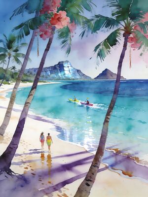 Hawaii Waikiki Diamond Head Watercolor Canvas Print