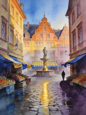 Heidelberg Castle and Marktplatz Watercolor Canvas Print