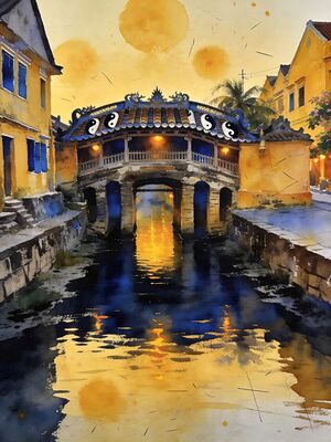 Hoi An Japanese Bridge with Lanterns at Dusk Watercolor Canvas Print
