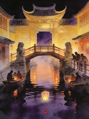 Hoi An Japanese Bridge Silk Lanterns Watercolor Canvas Print