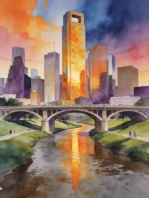 Houston Buffalo Bayou Skyline Watercolor Canvas Print