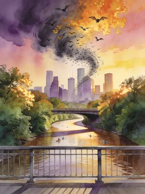 Houston Downtown Neon Rain Watercolor Canvas Print