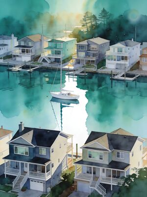 Huntington Beach Fishing Boats in Sheltered Bay Watercolor Canvas Print