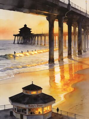 Huntington Beach Sunset Shore Watercolor Canvas Print