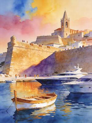 Ibiza Harbor View Watercolor Canvas Print