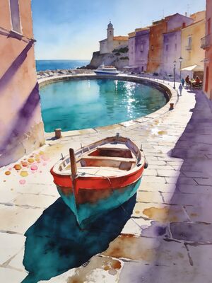Ischia Island Harbor with Boats Watercolor Canvas Print