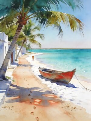 Isla Holbox Caribbean Shore Watercolor Canvas Print
