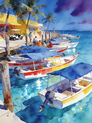 Isla Mujeres Island Harbor Boats Watercolor Canvas Print