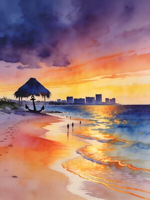 Isla Mujeres Golden Sunset Coast Watercolor Canvas Print