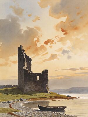 Isle of Arran Lochranza Castle Sunset Watercolor Canvas Print
