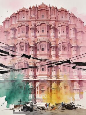 Jaipur Pink City Street Watercolor Canvas Print