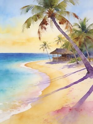 Jamaica Island Harbor with Boats Watercolor Canvas Print
