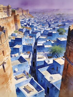 Jodhpur Mehrangarh Fort Blue City Watercolor Canvas Print