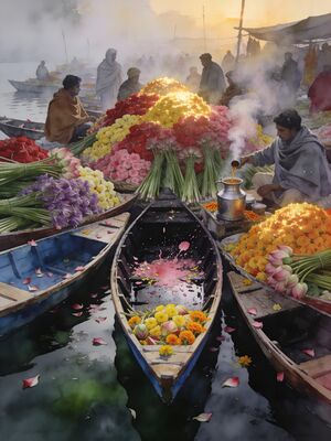 Kashmir Floating Flower Market Watercolor Canvas Print