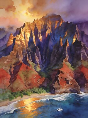 Kauai Na Pali Cliffs Sunset Watercolor Canvas Print