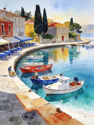 Kefalonia Island Harbor with Boats Watercolor Canvas Print