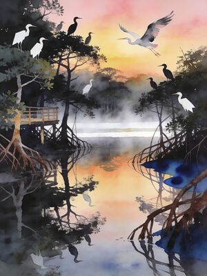 Kerala Backwaters Village Canoe Morning Watercolor Canvas Print