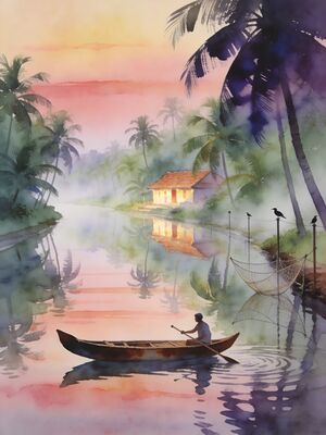 Kerala Backwaters Kumarakom Bird Sanctuary Dawn Watercolor Canvas Print