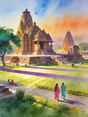 Khajuraho Temple Cluster Garden Watercolor Canvas Print
