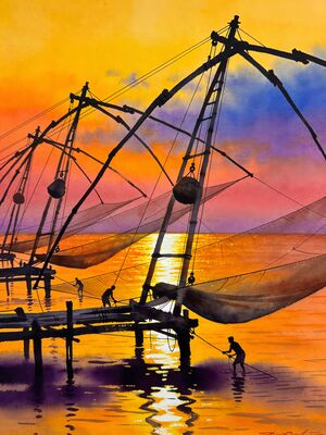 Kochi Chinese Fishing Nets Sunset Watercolor Canvas Print