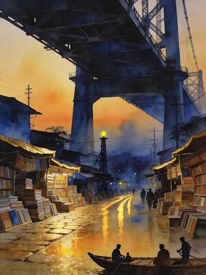 Kolkata Howrah Bridge at Twilight Watercolor Canvas Print
