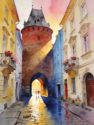 Krakow Florianska Street Through the Gate Watercolor Canvas Print