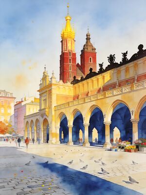 Krakow Main Square and Cloth Hall Watercolor Canvas Print