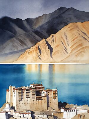 Ladakh Thiksey Monastery Hill Watercolor Canvas Print