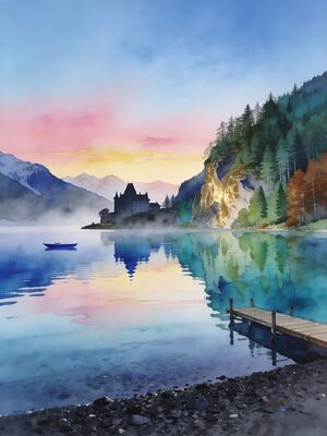 Lake Annecy Reflection View Watercolor Canvas Print