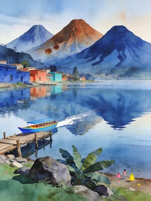 Lake Atitlan Volcanic Lake Mayan Village Watercolor Canvas Print