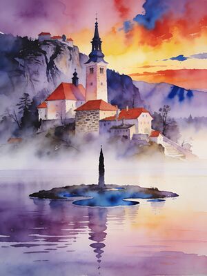 Lake Bled Island Church at Dawn Watercolor Canvas Print