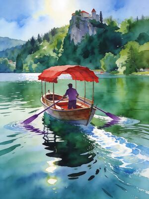 Lake Bled Castle Reflected in Still Water Watercolor Canvas Print