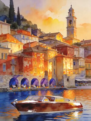 Lake Como Lakeside Dawn Watercolor Canvas Print