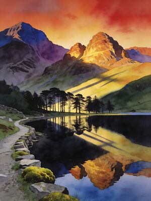 Lake District Derwentwater at Dawn Watercolor Canvas Print
