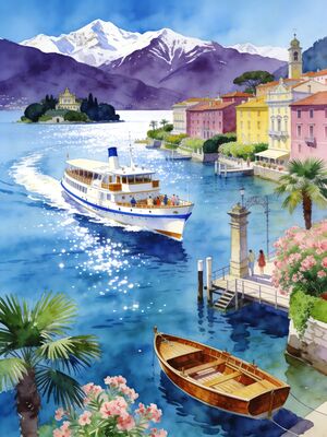 Lake Maggiore Lakeside Dawn Watercolor Canvas Print