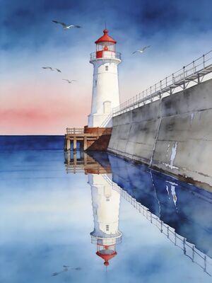 Ludington Lighthouse Lake Reflection Watercolor Canvas Print