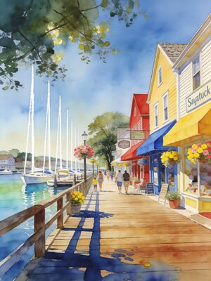 Saugatuck Harbor Boardwalk Stroll Watercolor Canvas Print