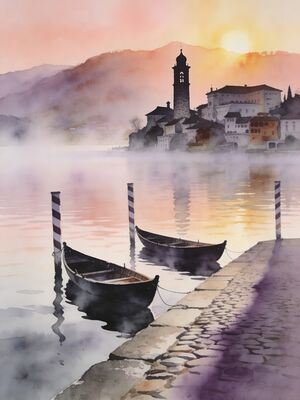 Lake Orta Boat Scene Watercolor Canvas Print