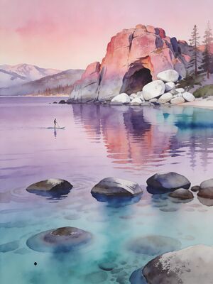Cave Rock Sunset Reflection Watercolor Canvas Print