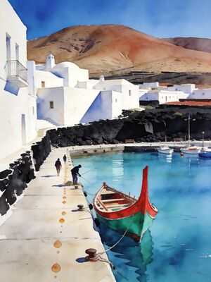 Lanzarote Island Harbor with Boats Watercolor Canvas Print