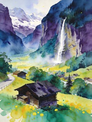 Lauterbrunnen Valley of Waterfalls Watercolor Canvas Print
