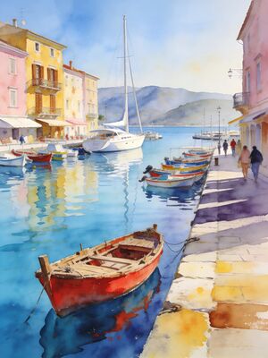 Lefkada Island Harbor with Boats Watercolor Canvas Print