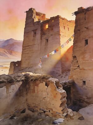 Leh Palace Moonrise Watercolor Canvas Print