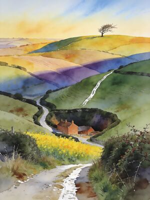 Lincolnshire Wolds Rolling Chalk Hills Watercolor Canvas Print
