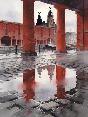 Liverpool Rooftops and Spires at Dusk Watercolor Canvas Print
