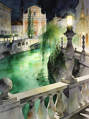 Ljubljana Triple Bridge with Castle Hill Watercolor Canvas Print