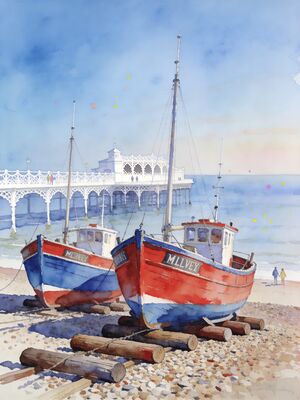 Llandudno Fishing Boats Bay Watercolor Canvas Print