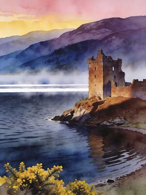 Loch Ness Boat Scene Watercolor Canvas Print