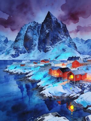 Lofoten Islands Rorbuer Cabins on Fjord Watercolor Canvas Print