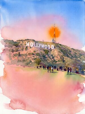 Griffith Observatory Downtown LA Sunset Watercolor Canvas Print